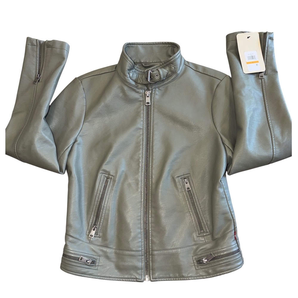 Levis Womens Faux Leather Moto Jacket Grey Zip Up LW1RU563 Size S - Picture 2 of 10